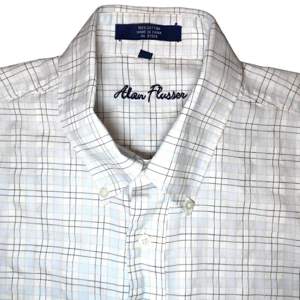 Alan Flusser Plaid Dress Shirt in White/Tan/Black Men’s XL